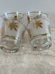 Set Of 4 G. Reeves For Libbey Lowball Whisky MCM Frosted Glasses Gold Leaf EXC