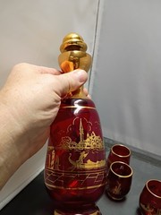 Red Glass Murano Gold Trim Bottle W/Five Glasses Courting Couple Venetian Attire