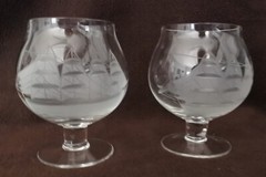 Tuscany Brandy Snifter Glasses Etched Frosted Nautical Sailing Ship Lot of 2