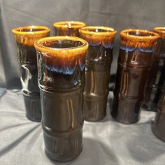 8 Vintage RARE LIBBEY Black Brown Blue Bamboo Barware Tiki Tall Cocktail Mugs