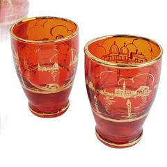 Lot of 5 Red Glass Cordial Tumbler Ruby Red Venetian Landscape Scenes Barware