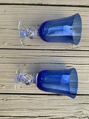 Two Cobalt Blue Wineglasses With Blue Twist Over Clear Stems