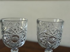 Star Burst Design Ribbed Stem Heavy Cut Glass 12 Ounce Wine Water Goblets 2-Set