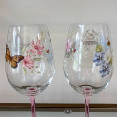 Lenox Butterfly Meadow Wine Glass Set of 2 Pink Stem Spring Floral Barware NEW