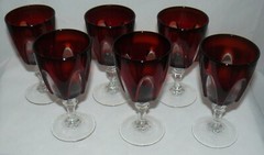 Set of 6 Wine Glasses W/ Glass Caddy Bowl Ruby Red Clear & Optic Stemmed