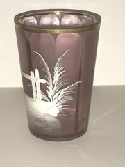 Victorian Amethyst Tumbler Hand Painted Glass Paneled with Landscape Scene 1880s