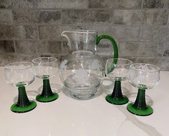 Set of 4 Cordial glasses ( Green Beehive Stem ) & Pitcher w/ Etched Pattern