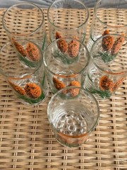 Vintage 70’s Set of 7 Drinking Glasses Painted Orange Cattails Retro MOD