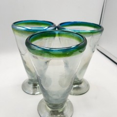 Three Hand Blown Stemware V-Shaped Glasses All Iridescent Green & Blue Band