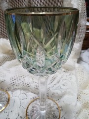 Set Of 2 CreArt Italian Hand cut 24% Lead Crystal Wine Glasses. Pale Green