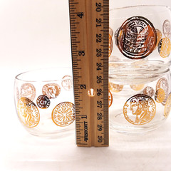 4 Federal Roman Gold Coin Roly Poly Glass Barware 2.25×2.5″ MCM Vintage Cocktail