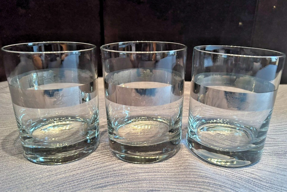 Silver Band Hunting Scene Rocks Glasses Set of 3 Lowball Whiskey Barware