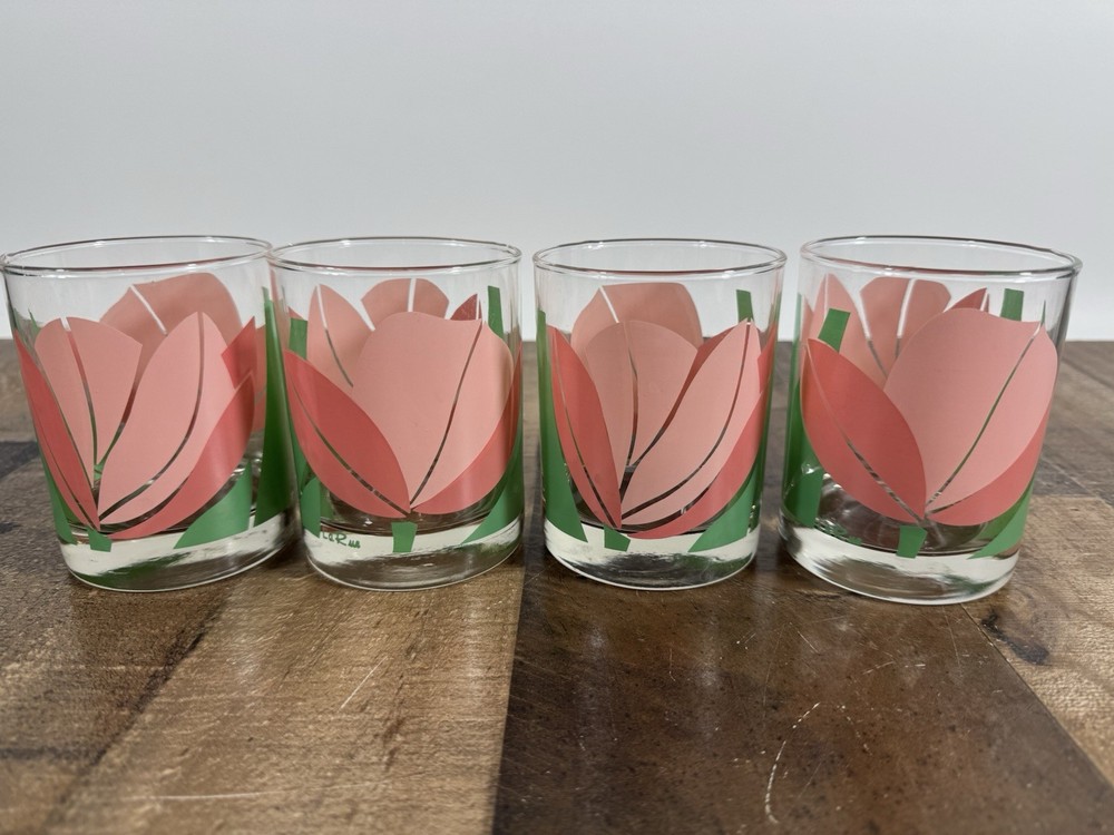 Vintage La Rue Pink Tulip MCM Glasses Barware Tumblers – Set of 4