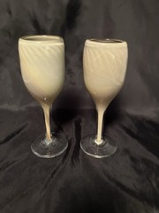 (2)Artist Signed Glass Wine Glasses 2013 Swirled Stems Neutral Colors