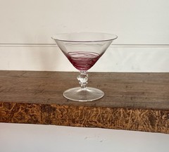 H.C. Fry Art Deco Cranberry Threaded Champagne or Martini Glass-C. 1925