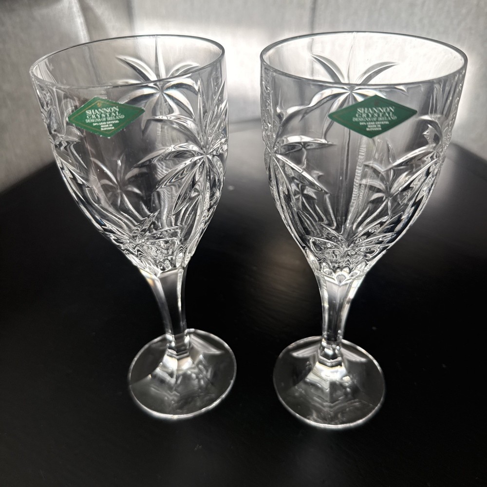 NEW Set Of 2 Godinger Shannon Palm South Beach Crystal Water Wine Glasses 8 Inch