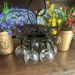 Six-Piece Etched Glass Goblet Set with Green Stems and Metal Holder