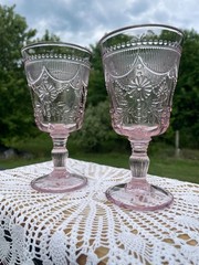 Set of 2 Fortessa Debutante Pink Glass Goblets 10oz. Vintage Floral Pressed