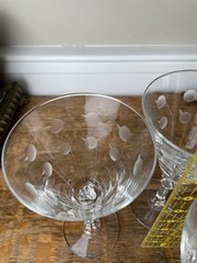 3 Libbey Etched Crystal Cocktail Wine glasses faceted stems, Cut Dots Bar ware