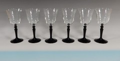 6 Piece Cristal D’Arques Onyx Wine Glasses W/Optic Bowls Black Stem France 5oz