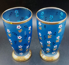 Vintage 5″ Blue Frosted Tumbler Set Hand Painted Enamel Flowers with Gold Trim