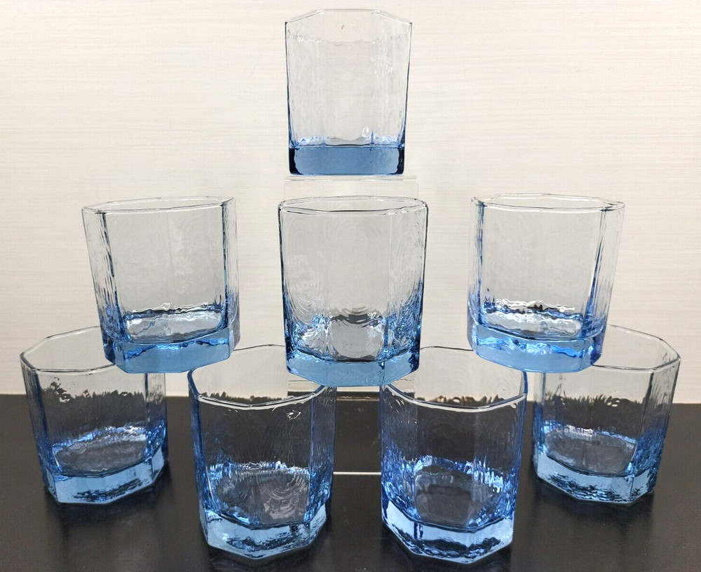 (8) Libbey Facets Light Blue Old Fashioned Glasses Set Textured Paneled Tumblers