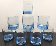 (8) Libbey Facets Light Blue Old Fashioned Glasses Set Textured Paneled Tumblers