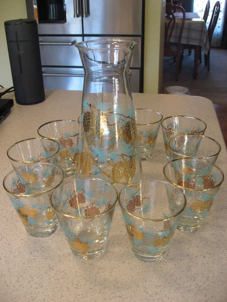 Libbey David Douglas Turquoise & Gold Pinecone Carafe & 10 Lowball Glasses 6oz