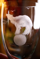 Vtg RUSSIA Set 3 HAND ETCHED Wine Glasses Luster Smoke Foot CIRCUS BEARS/DUCK