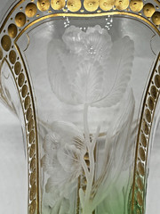 Moser/Harrach Bohemian-Green To Clear-Tulip Intaglio Cut Glass Vase-13″