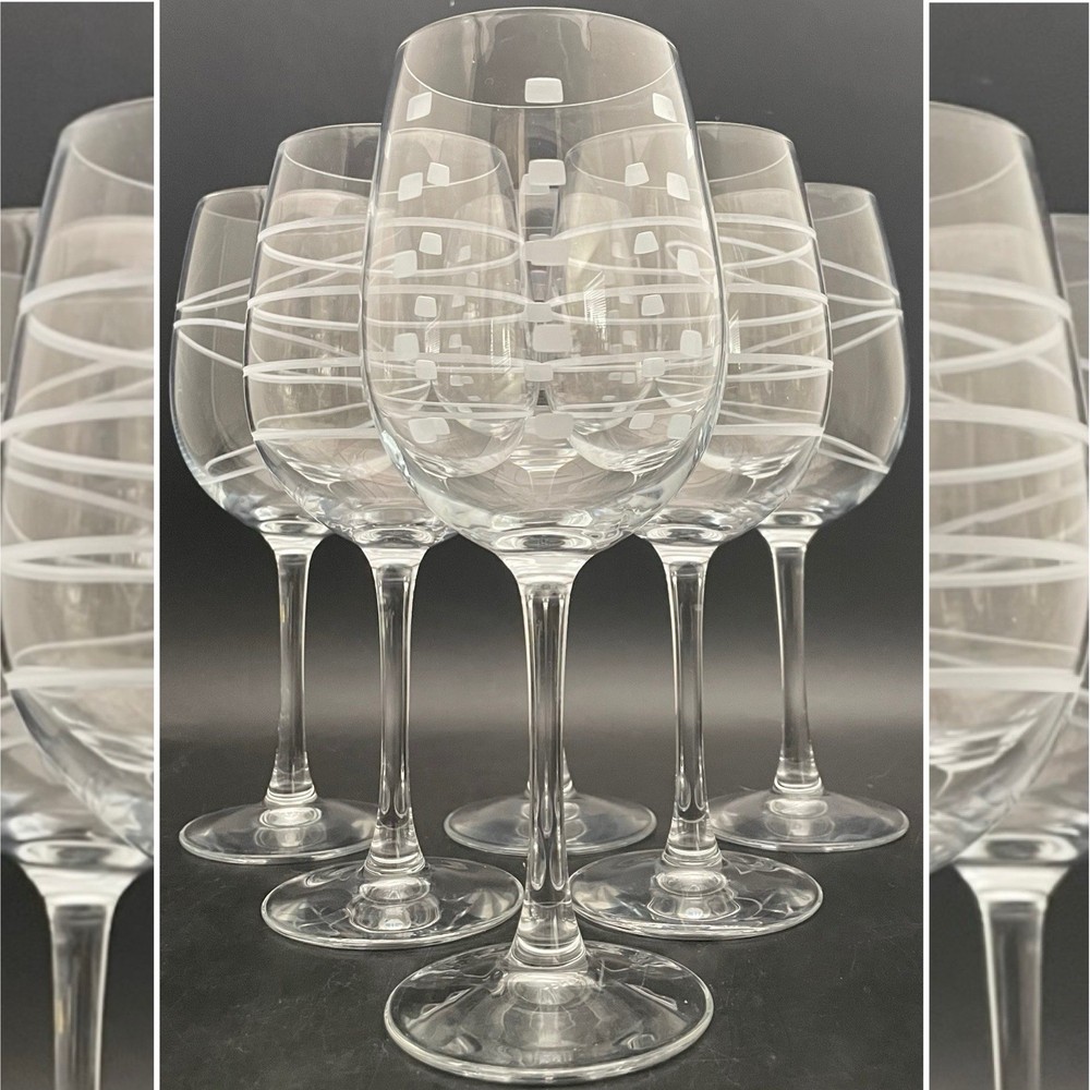 Mikasa Cheers Etched White Wine Glasses 6 Piece Made in China 8.75″ tall 16oz