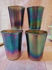 Set of 4 Northwood 3-7/8″H Marigold Carnival Glass Tumblers Enameled Flowers