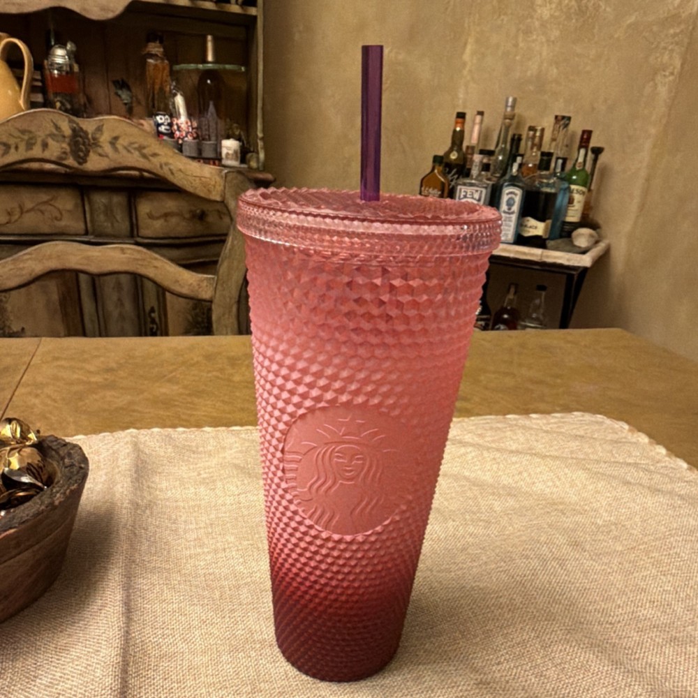 Starbucks Pink Studded Plastic Tumbler with Purple Straw Reusable