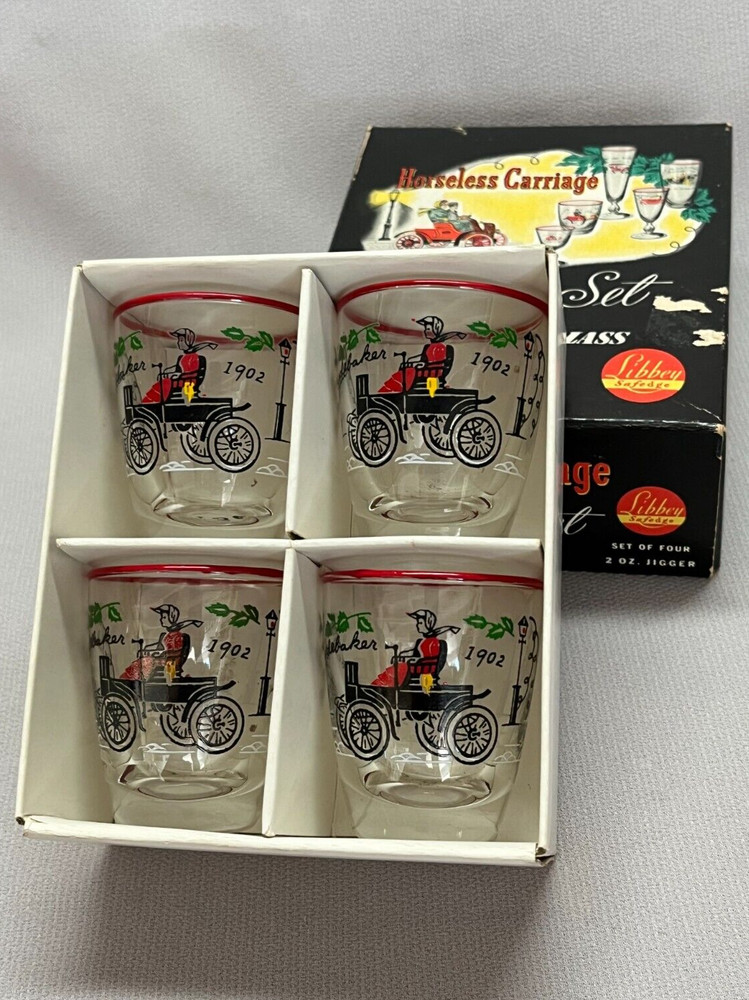 Vintage MCM Libbey Glass Horseless Carriage 4 2oz. Jiggers w/Box