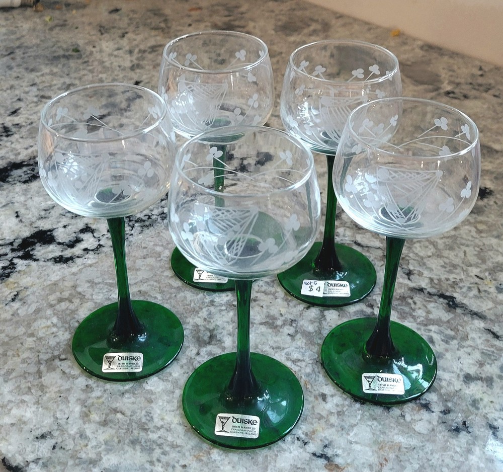 NEW 5 Duiske Emerald Stem Hand Cut Celtic Crystal Wine Glasses Made In Ireland