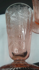 Jeannette Glass, Floral aka Poinsett, Pink, Tumblers, 4-Footed, c 1931-35, ExCd