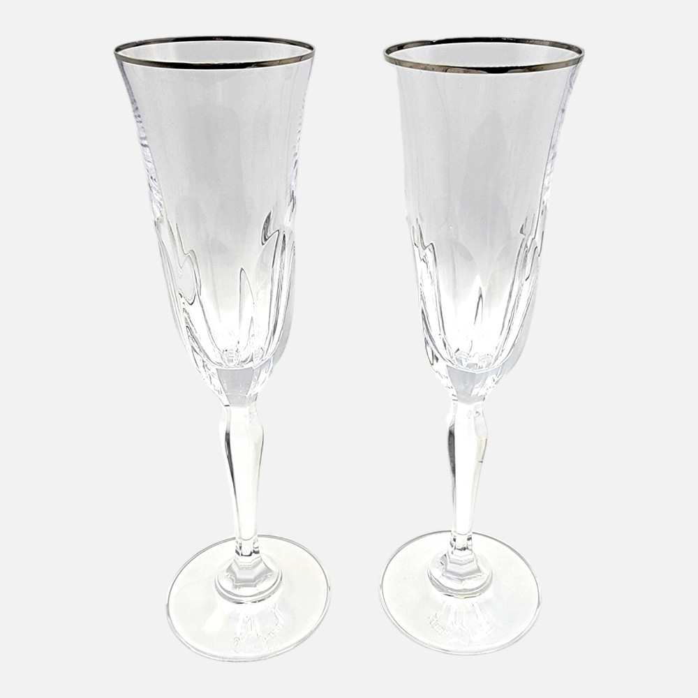 Rogaska Aulide Champagne Flutes Platinum Rim Crystal Slovenia Set of 2