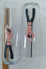 Set 4 MCM Libbey Risque Highball Glasses Tiny Pole Dancers 2 Gals 2 Guys Rare