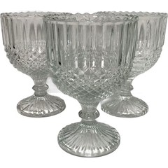 3pcs Vintage Pressed Ribbed Diamond Glass Water Wine Crystal Clear Goblet
