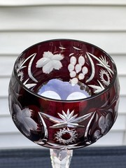 Vintage Bohemian Czech Cut to Clear Crystal Wine Goblet Dark Burgundy