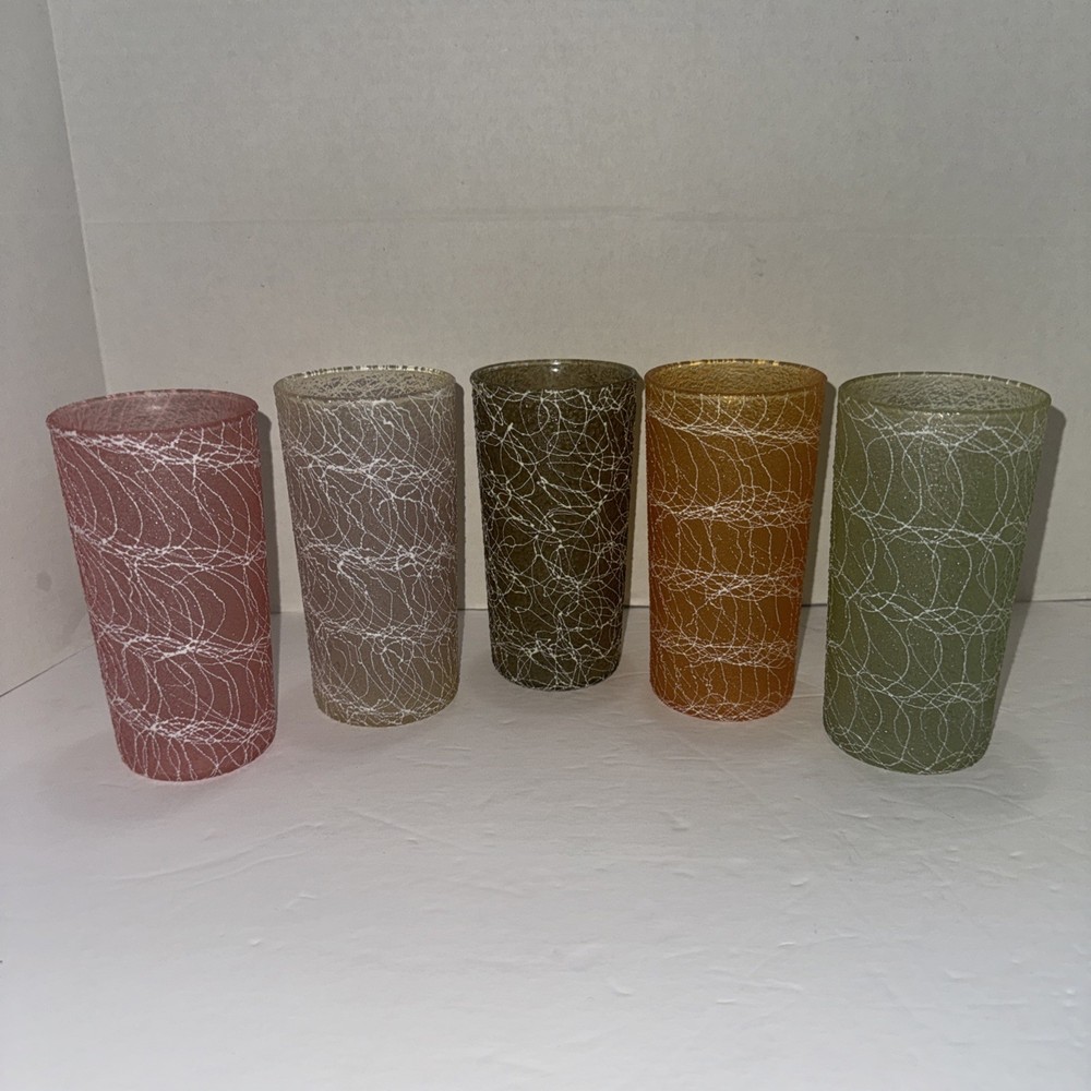 MCM Spaghetti String Multicolor Set of 5 Tumblers glasses 5 1/2” 1950s Vintage