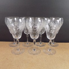7 Antique Libbey ABP Floral Cut Engraved Wine Glasses Signed 6.75″ Tall VGC