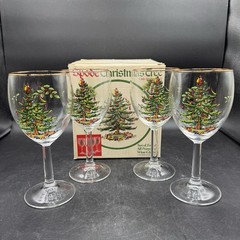 Vtg Spode Christmas Tree Wine Glasses Set Of 4- Gold Rim W/ Box