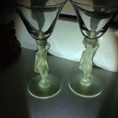 Vintage Bayel France Bacchus Uranium Frosted Stemmed Nude Crystal Cordials Set