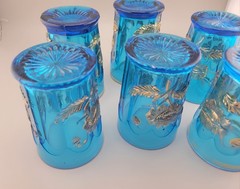 6 Antique Vintage Northwood Glass Blue Oriental Poppy Gold Tumblers 4 1/4″ Tall