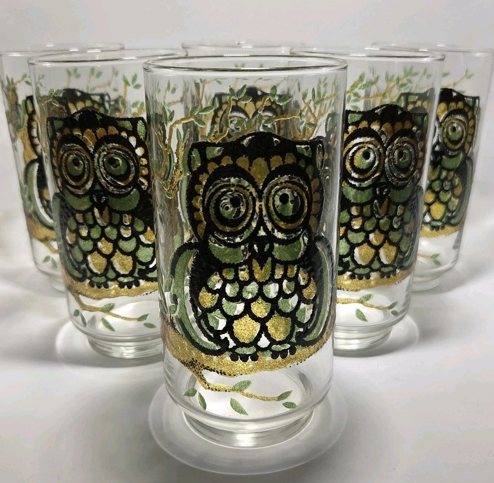 VTG Set Of 6 Libbey Tumblers Glasses MCM Owls Yellow Green Stained Glass Style