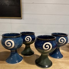 Jack O Patsy Pottery Handmade Ireland Blue & Green Spiral Pedestal Goblets Set 4