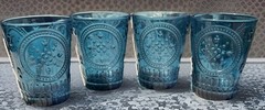 VTG Blue Teal Flash Embossed Drinking Glass Tumblers 4 1/4” Lot Of 4 READ