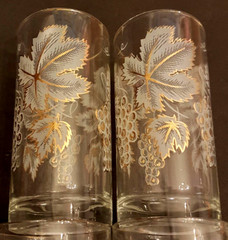 Gold & White Grape Leaves Pattern 10 oz Water Glass LOT 5.5 in Highball Tumbler
