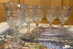 Antique EAPG Indiana Glass Daisy & Button Narcissus Goblets Hex Foot Set 5 c1910